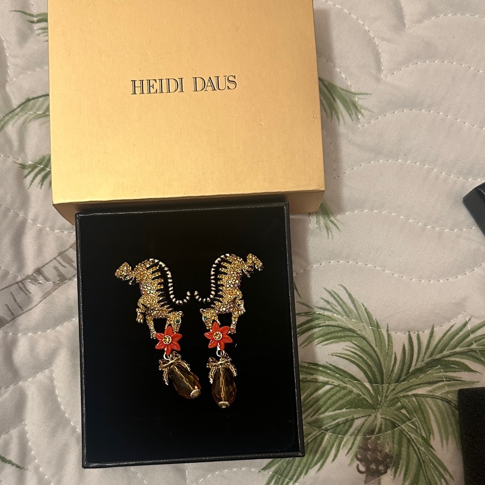 Heidi Daus Gold tiger Drop Earrings with Red Flower and Amber Teardrops